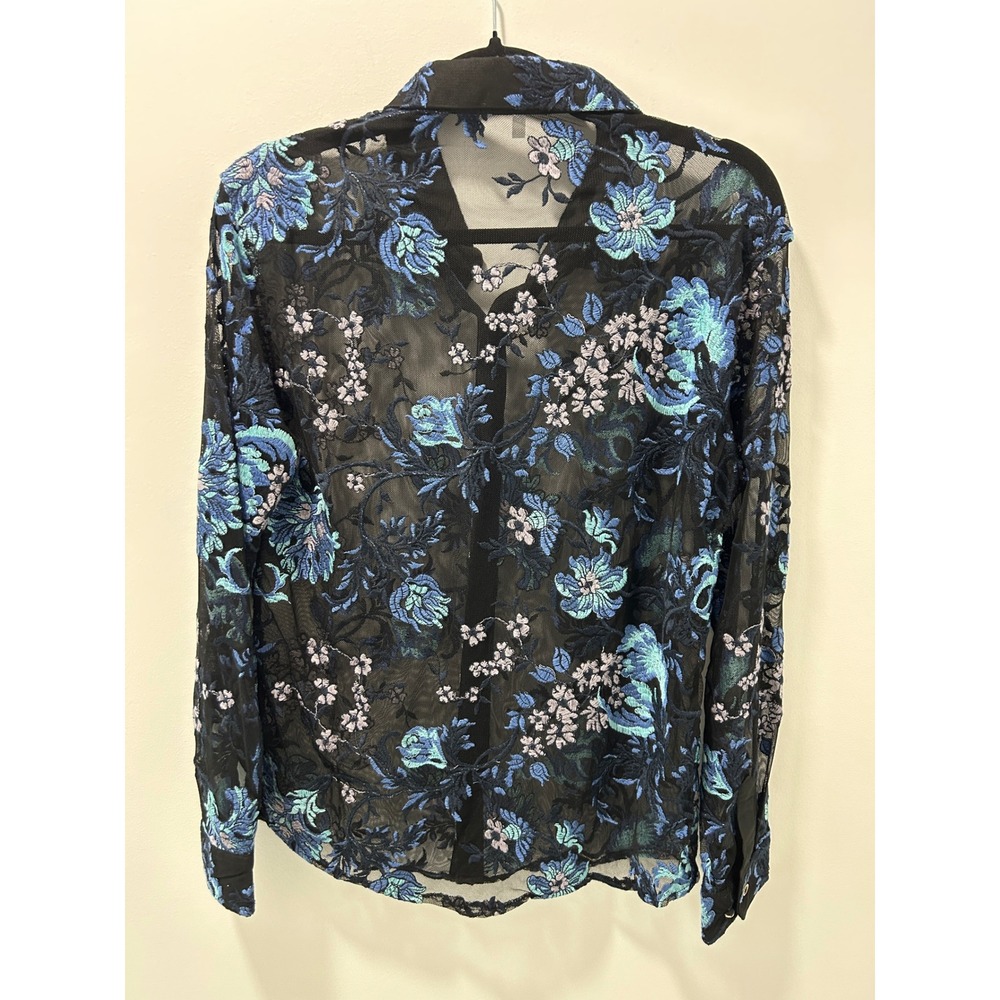 Sheer Black Mesh Floral Embroidered Button Down Shirt Blue Teal Top XL - Picture 9 of 9